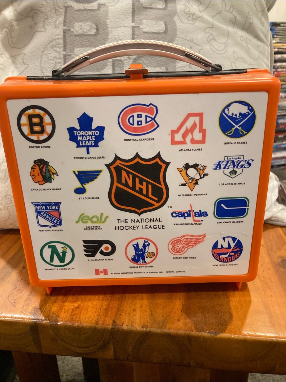 Vintage Aladdin NHL Orange & White Lunchbox - Official Hockey Logo Design
